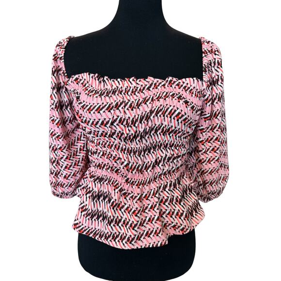 OPEN EDIT NORDSTROM ~ Geo Print Shirring Detail Square Neck Top STRETCHY M - Picture 1 of 10